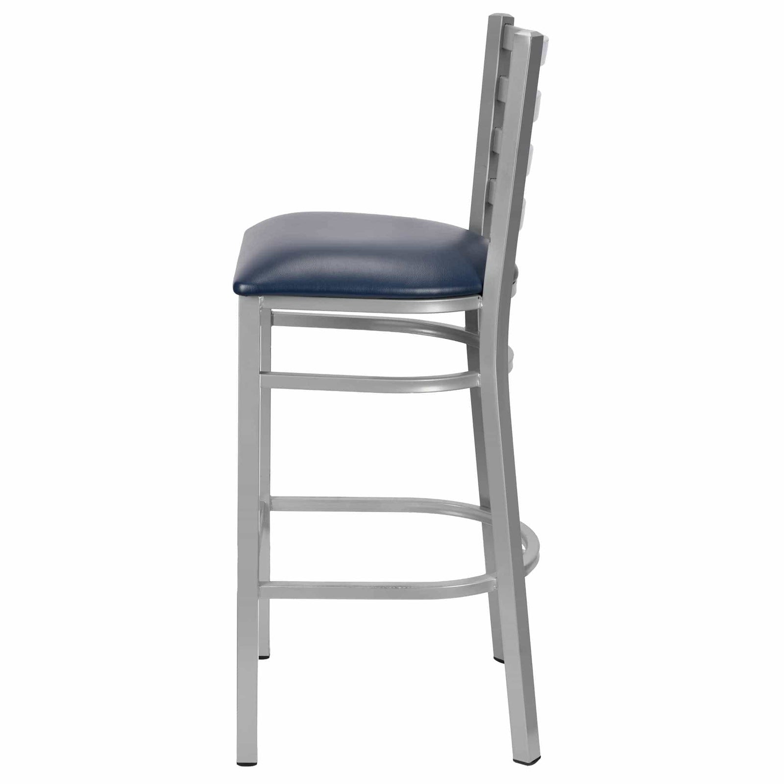 Chivari Ladder Back Bar Stool with Silver Frame and Navy Blue Vinyl Seat BLMSVNB-ZF-KT