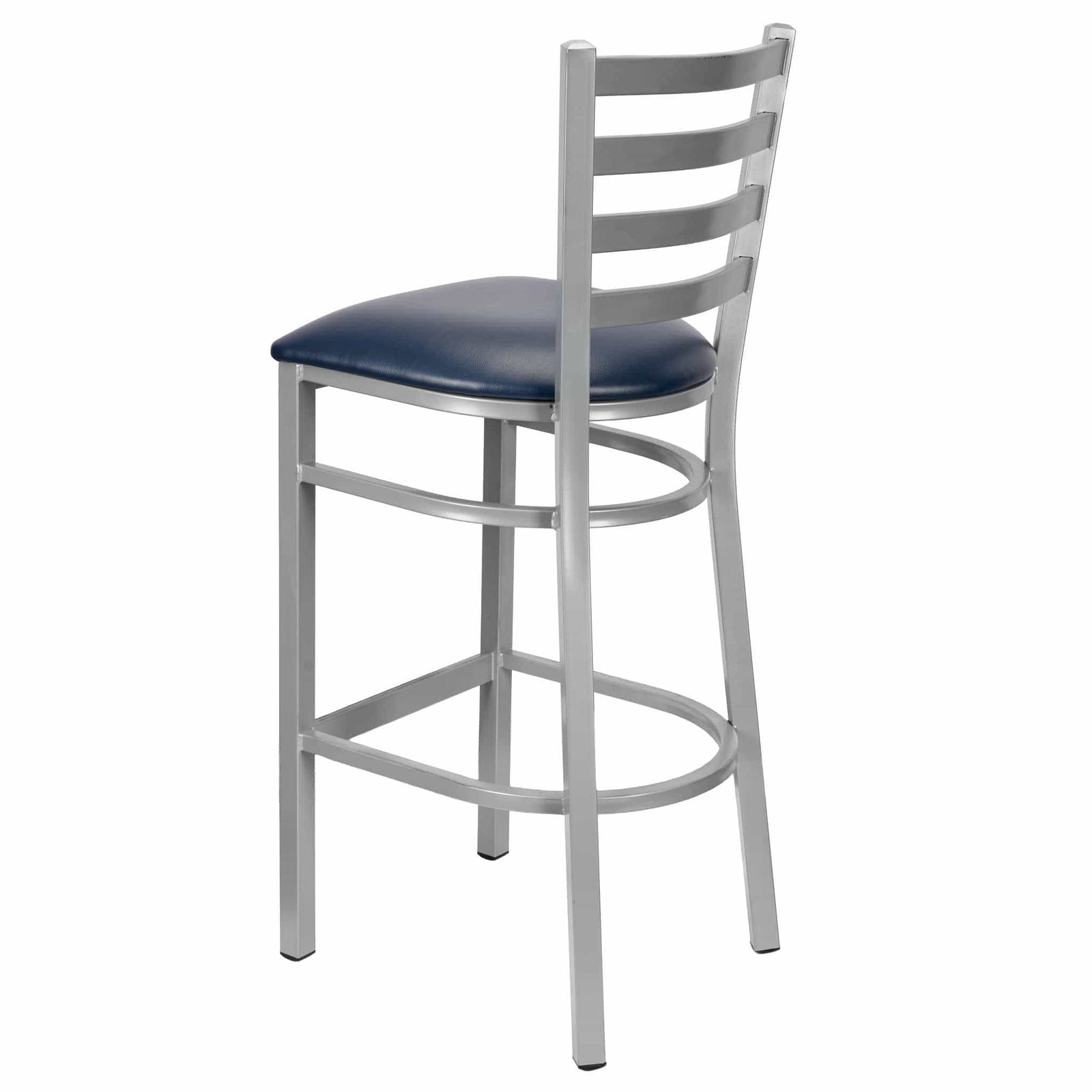 Chivari Ladder Back Bar Stool with Silver Frame and Navy Blue Vinyl Seat BLMSVNB-ZF-KT