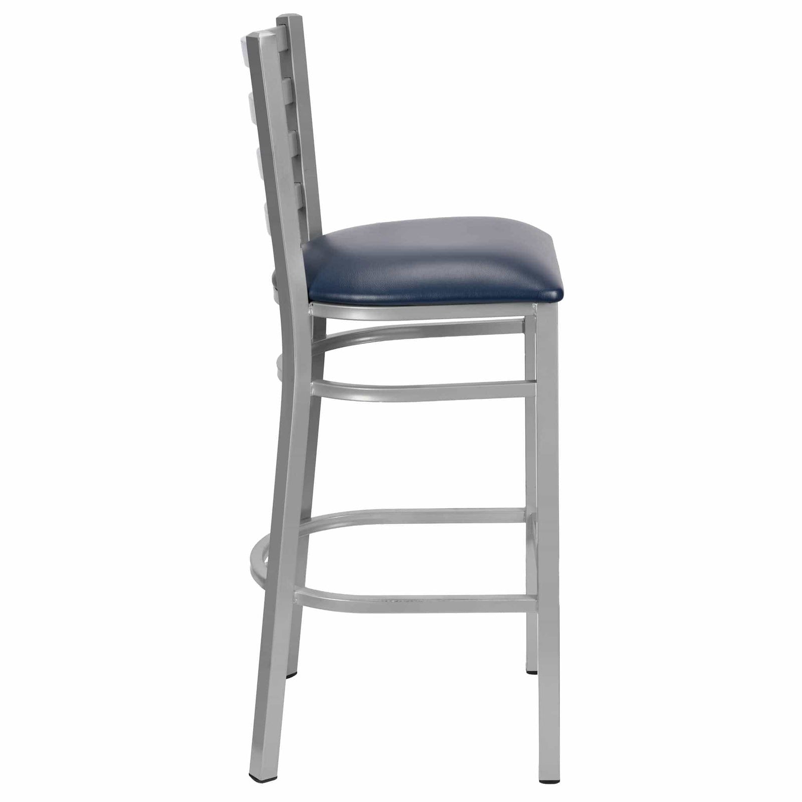 Chivari Ladder Back Bar Stool with Silver Frame and Navy Blue Vinyl Seat BLMSVNB-ZF-KT