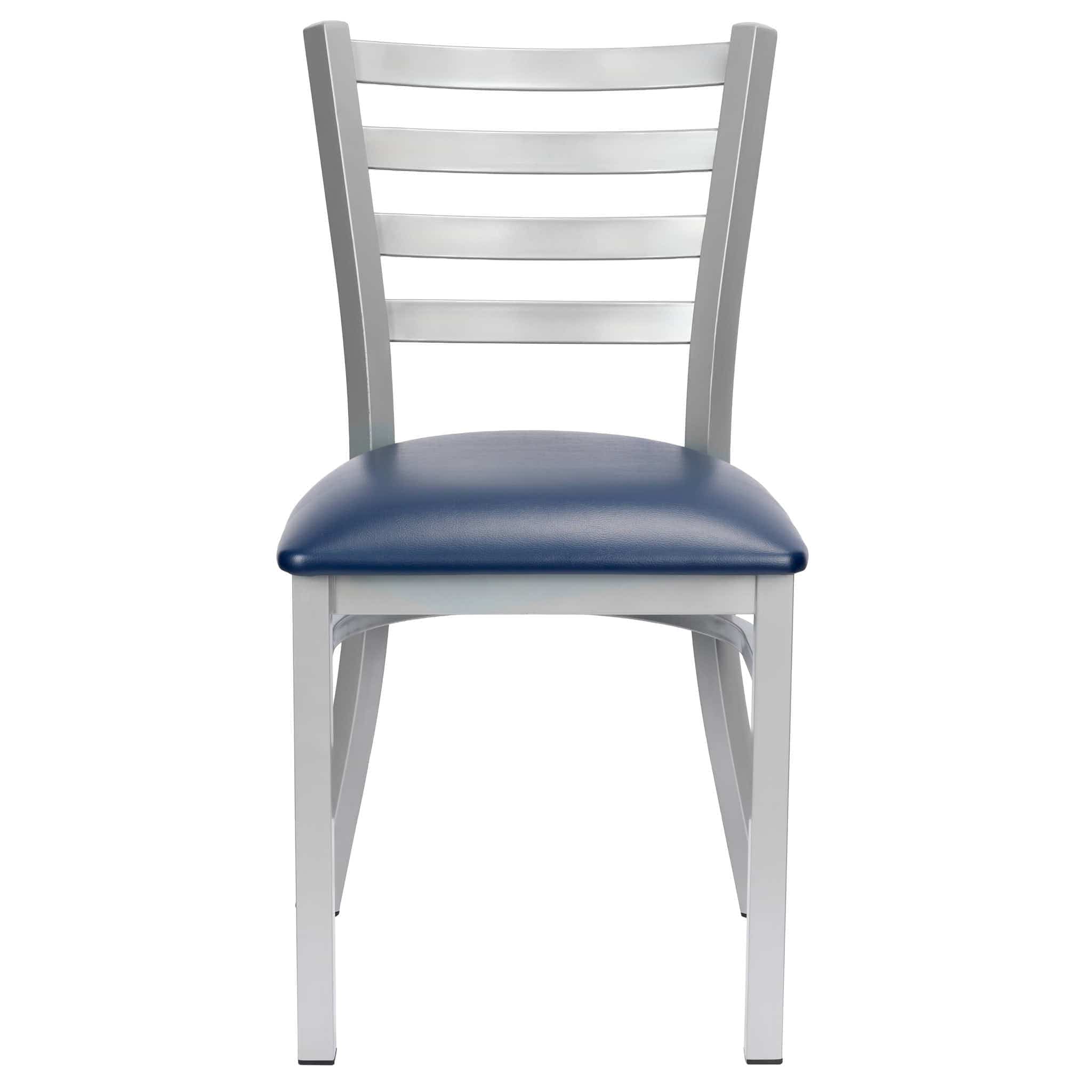 Ladder Back Restaurant Chair with Silver Frame and Navy Blue Vinyl Seat