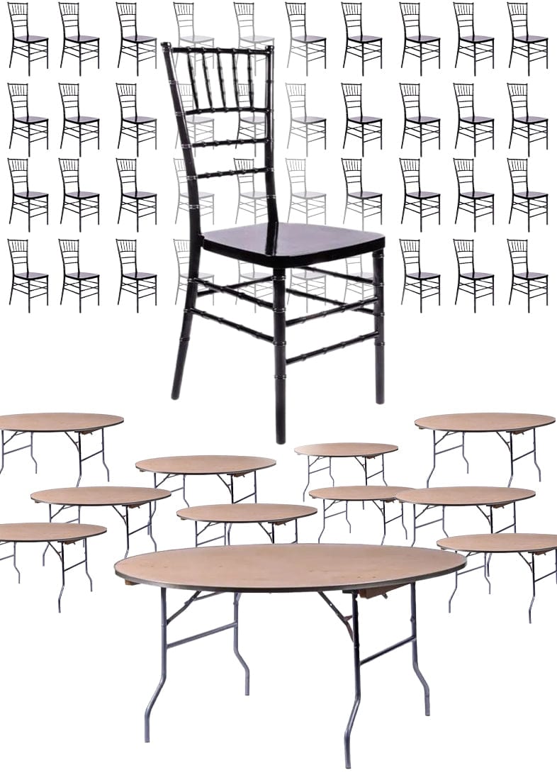 Chivari 100 Person Luxury Event Package:  Includes 100 Black Resin Steel Core Chiavari Chairs Plus 10 Round 72" Heavy Duty Banquet Folding Tables Plus a Banquet Table Cart PACK100CCRBSTEEL1072RD-T