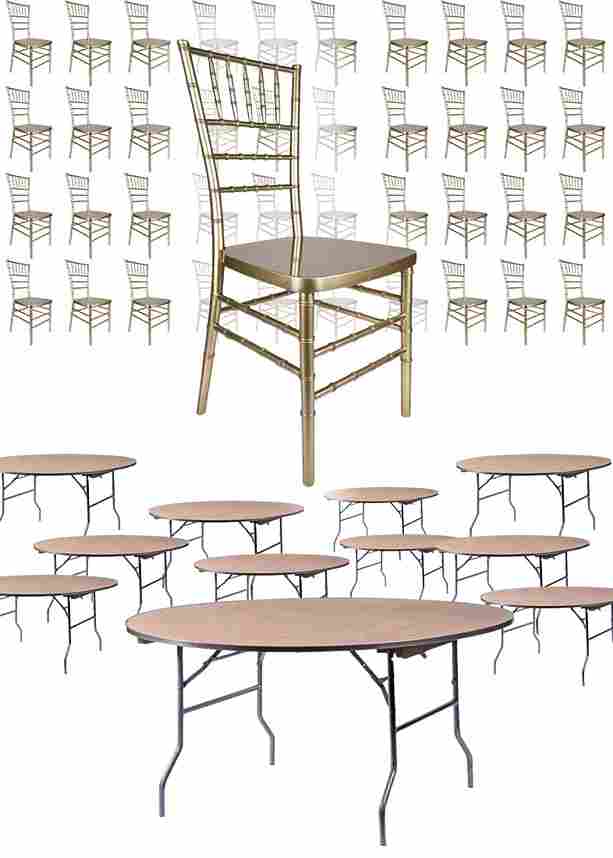 Chivari 100 Person Luxury Event Package:  100 Sparkling Gold Champagne Resin Steel Core Chiavari Chairs Plus 10 Round 72" Heavy Duty Banquet Folding Tables & 1 Banquet Table Cart PACK100CCRCHGSPSTEEL1072RD-T