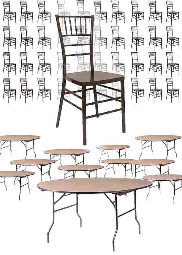 Chivari 100 Person Luxury Event Package:  Includes 100 Fruitwood Resin Steel Skeleton™ Chiavari Chairs Plus 10 Round 72" Heavy Duty Banquet Folding Tables Plus a Banquet Table Cart PACK100CCRFSTEEL1072RD-T