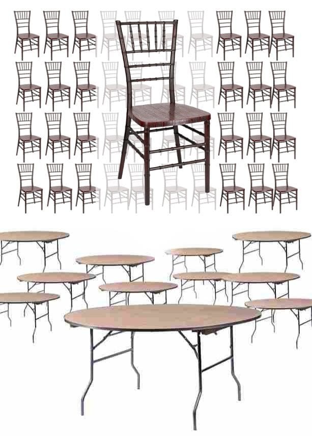 Chiavari The Luxury Combo - 100 Mahogany WoodGrain™ Resin Steel Skeleton™ Chiavari Chairs, 10 x 72" Round Plywood Tables, 1 Extra Large Table Cart PACK100CCRMBSTEEL1072RD-T