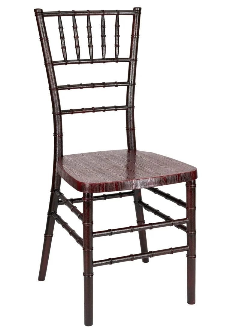 Chiavari The Luxury Combo - 100 Mahogany WoodGrain™ Resin Steel Skeleton™ Chiavari Chairs, 10 x 72" Round Plywood Tables, 1 Extra Large Table Cart PACK100CCRMBSTEEL1072RD-T