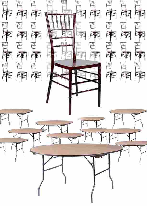 Chivari 100 Person Luxury Event Package:  Includes 100 Mahogany Resin Steel Skeleton™ Chiavari Chairs Plus 10 Round 72" Heavy Duty Banquet Folding Tables Plus a Banquet Table Cart PACK100CCRMSTEEL1072RD-T