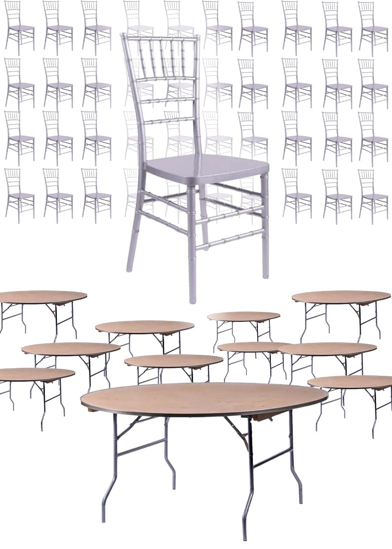 Chivari 100 Person Luxury Event Package:  Includes 100 Silver Resin Steel Skeleton™ Chiavari Chairs Plus 10 Round 72" Heavy Duty Banquet Folding Tables Plus a Banquet Table Cart PACK100CCRSSTEEL1072RD-T