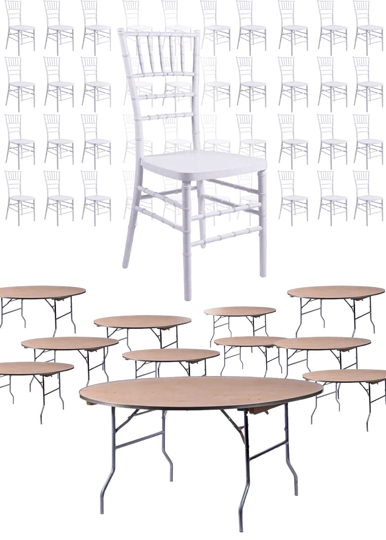 Chivari 100 Person Luxury Event Package:  Includes 100 White Resin Steel Skeleton™ Chiavari Chairs Plus 10 Round 72" Heavy Duty Banquet Folding Tables Plus a Banquet Table Cart PACK100CCRWSTEEL1072RD-T