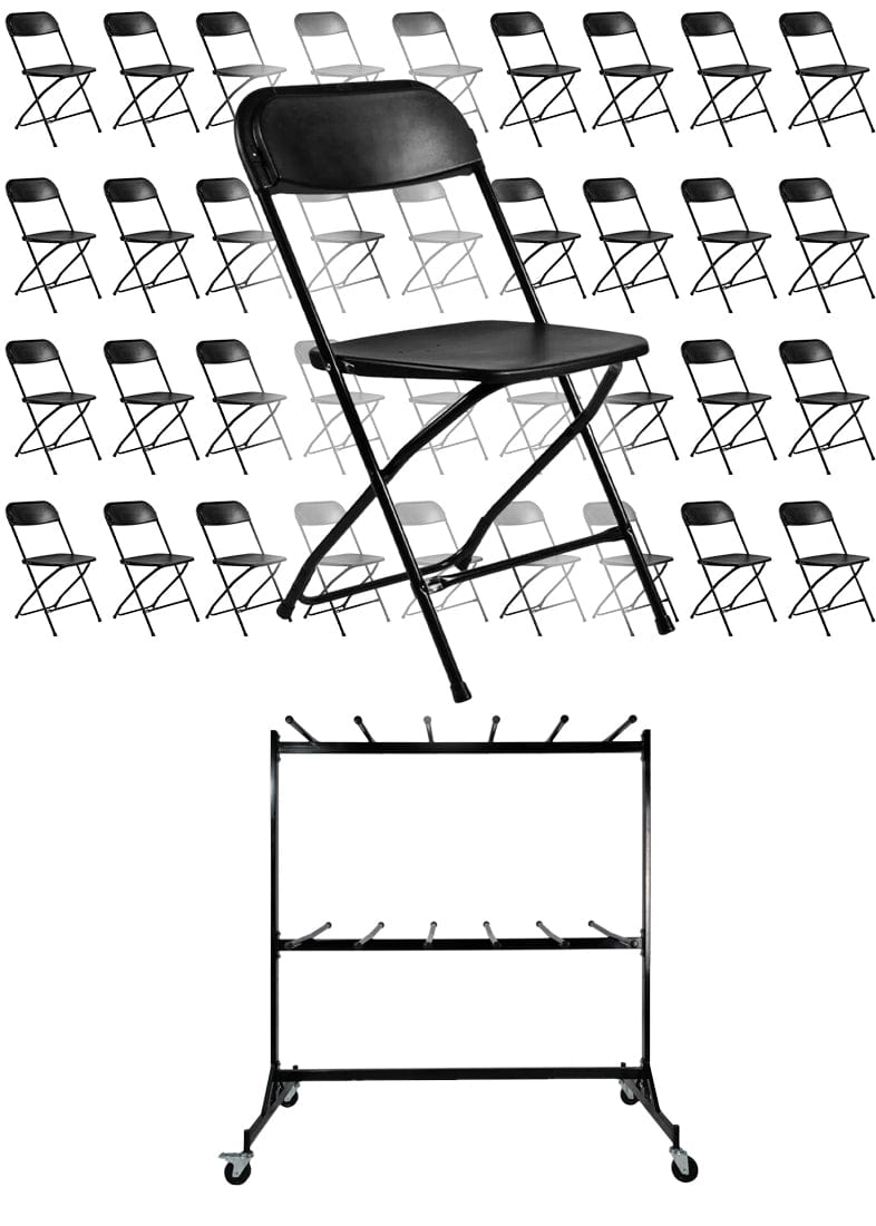 Chivari 120 Black Poly Folding Chairs + Hanging Cart Combo PACK120CFPB-CX-T-CART101-AX-T
