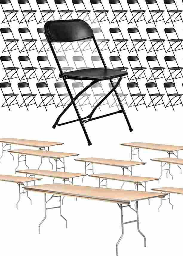 Chivari 100 Black Poly Folding Chairs + Ten 8' (96