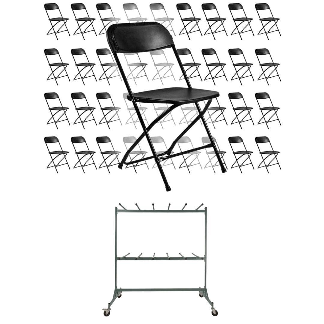 Chivari 120 Black Poly Folding Chairs + Hanging Cart Combo PACK120CFPB-CX-T-CART101-AX-T