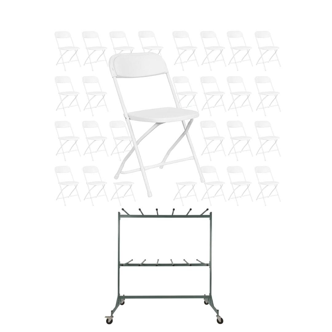 Chivari 120 White Poly Folding Chairs + Hanging Cart Combo PACK120CFPW-CX-T-CART101-AX-T