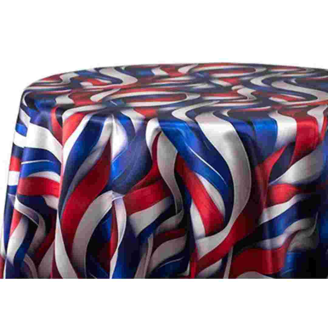 Chivari 120" Round Tablecloth Lamour Matte Satin Patriotic Ribbon TBC-60PN01