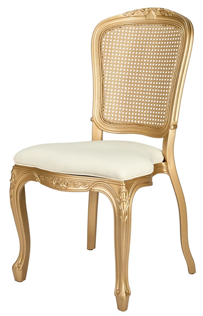 Chivari Gold Resin Royal Chair with Ivory Vinyl Seat and Gold Rattan Back Similar to Louis Pop Style - Dover CRRGGR-ZG-T