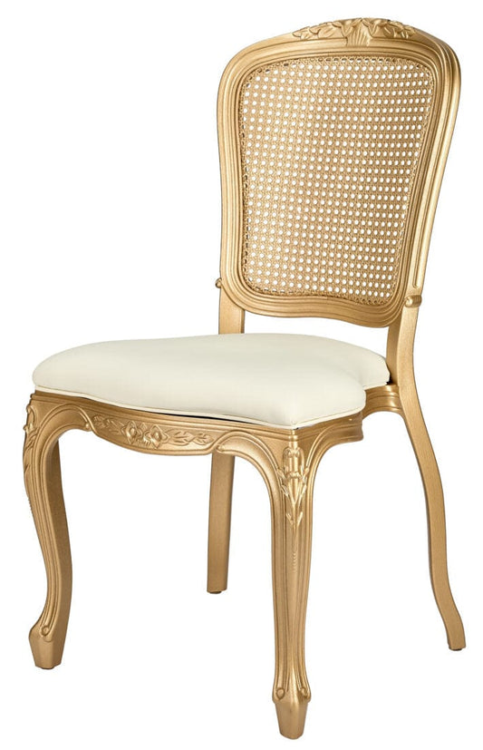 Gold Resin Royal Chair with Ivory Vinyl Seat and Gold Rattan Back Simi