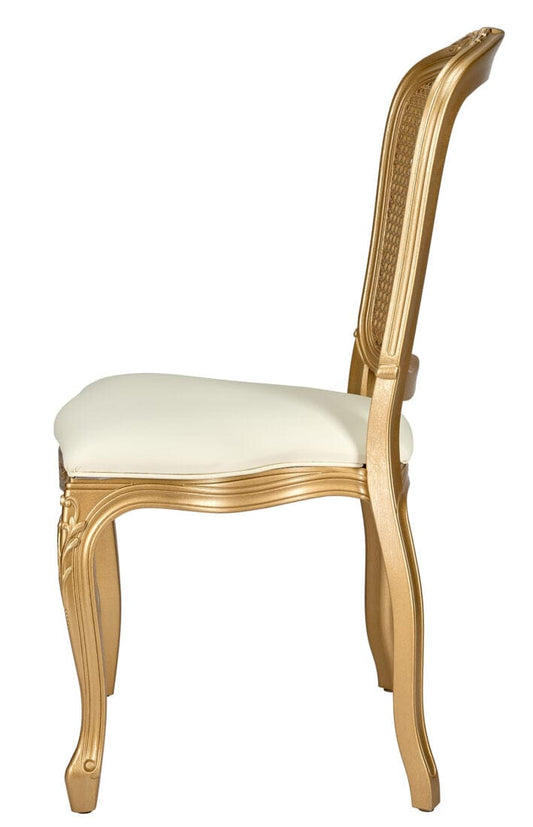 Gold Resin Royal Chair with Ivory Vinyl Seat and Gold Rattan Back Simi