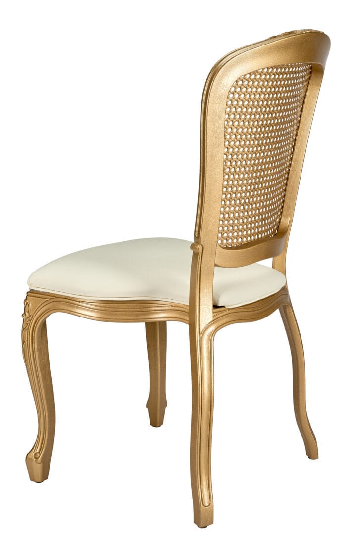 Chivari Gold Resin Royal Chair with Ivory Vinyl Seat and Gold Rattan Back Similar to Louis Pop Style - Dover CRRGGR-ZG-T