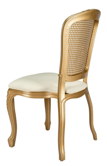 Gold Resin Royal Chair with Ivory Vinyl Seat and Gold Rattan Back Simi