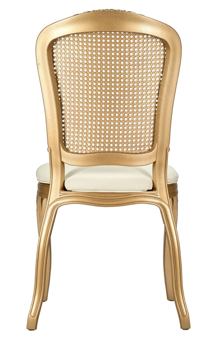 Chivari Gold Resin Royal Chair with Ivory Vinyl Seat and Gold Rattan Back Similar to Louis Pop Style - Dover CRRGGR-ZG-T