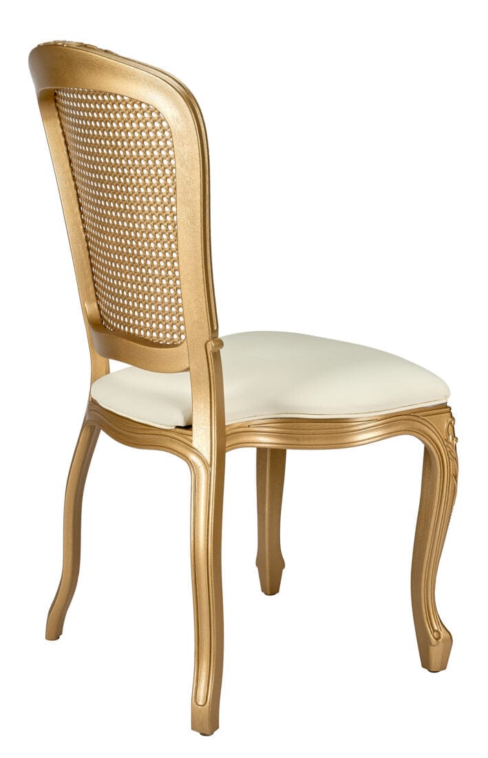 Chivari Gold Resin Royal Chair with Ivory Vinyl Seat and Gold Rattan Back Similar to Louis Pop Style - Dover CRRGGR-ZG-T