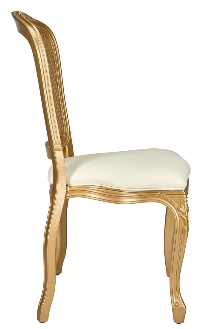 Chivari Gold Resin Royal Chair with Ivory Vinyl Seat and Gold Rattan Back Similar to Louis Pop Style - Dover CRRGGR-ZG-T