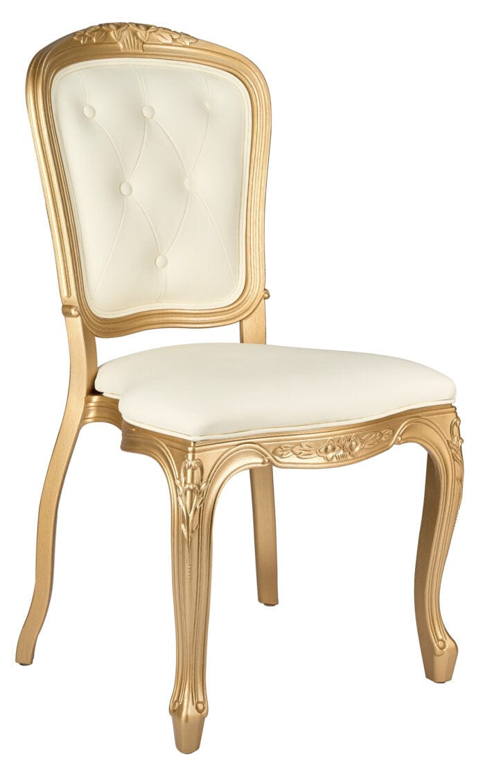 Gold Resin Royal Chair with Ivory Vinyl Seat and Ivory Vinyl Tufted Back Similar to Louis Pop Style - Chambeau