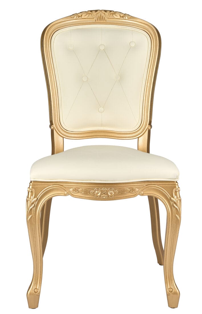 Gold Resin Royal Chair with Ivory Vinyl Seat and Ivory Vinyl Tufted Back Similar to Louis Pop Style - Chambeau
