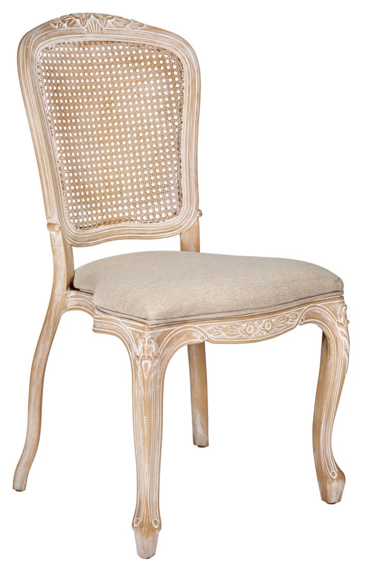 Natural White Washed Resin Royal Chair with Tan Tweed Fabric Seat and White Washed Rattan Back Similar to Louis Pop Style - York