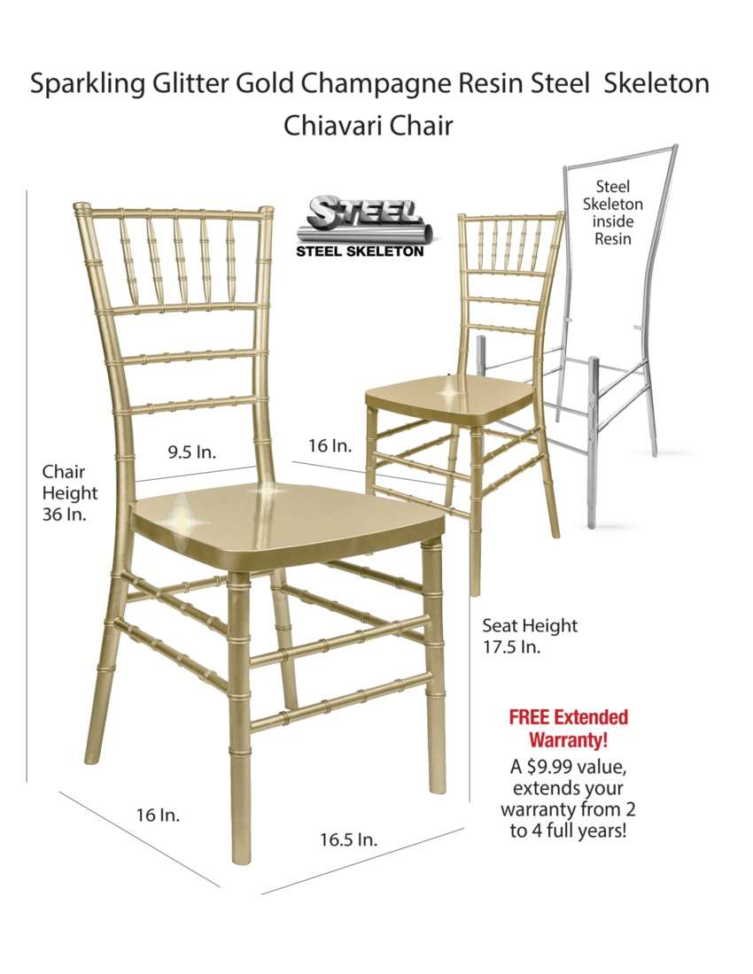 Chivari 100 Person Luxury Event Package:  100 Sparkling Gold Champagne Resin Steel Core Chiavari Chairs Plus 10 Round 72
