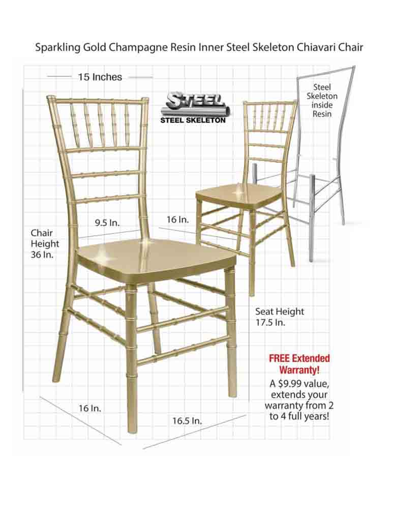 Chivari Sparkling Gold Champagne Resin Steel Skeleton™ Chiavari Chair (Per Chair Price Shown – Sold only in Quantities of 4) Some Assembly Required CCRGSP-U4-STEEL-AX-T