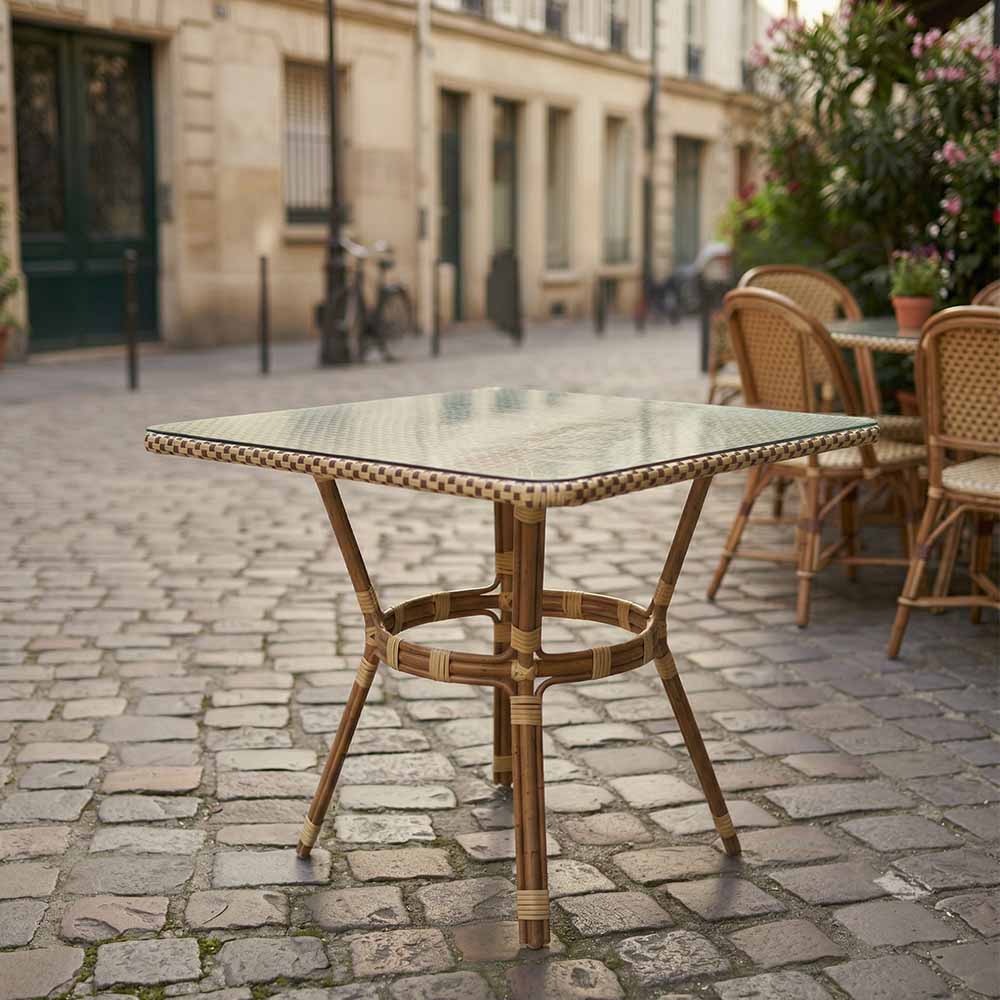Toulouse 48" x 36" Glass Top Beige and Maroon French Bistro Table TBTP4836BM-KT-AX-T