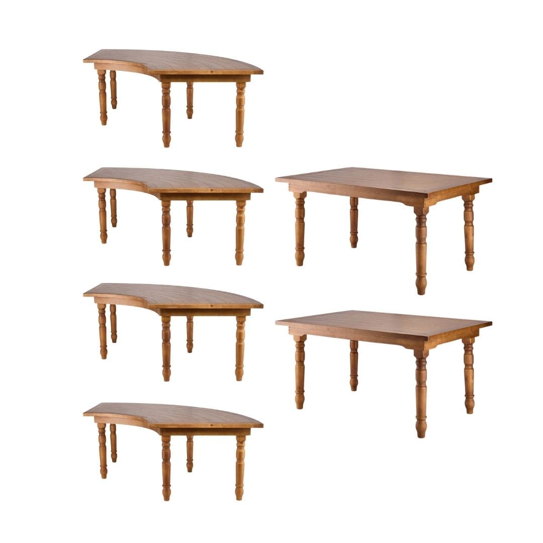 Chivari Capsule Bridge Serpentine Farm Table Kit - Seats 20 - Includes 4 Chestnut Serpentine Tables and 2 Rectangle Tables TFARM-SNKT-CHT5