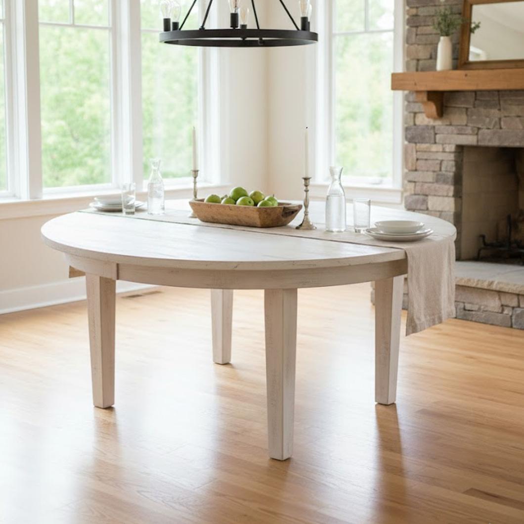 Chivari 60" (5 Foot) White Distressed Straight Leg Round Pine Farm Table TFARMRD60-WHITEDIST-S-LEG-AX-T