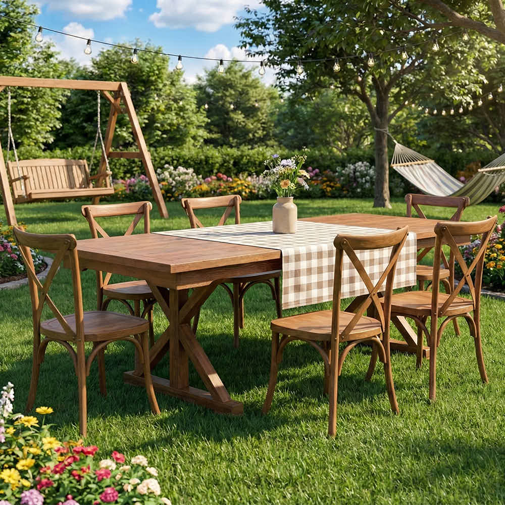 Chivari 96" x 40" (8 Foot) Chestnut Finish Rectangle X Leg Wood Farm Table TFRMPLRT9640-CHT-XL-AX