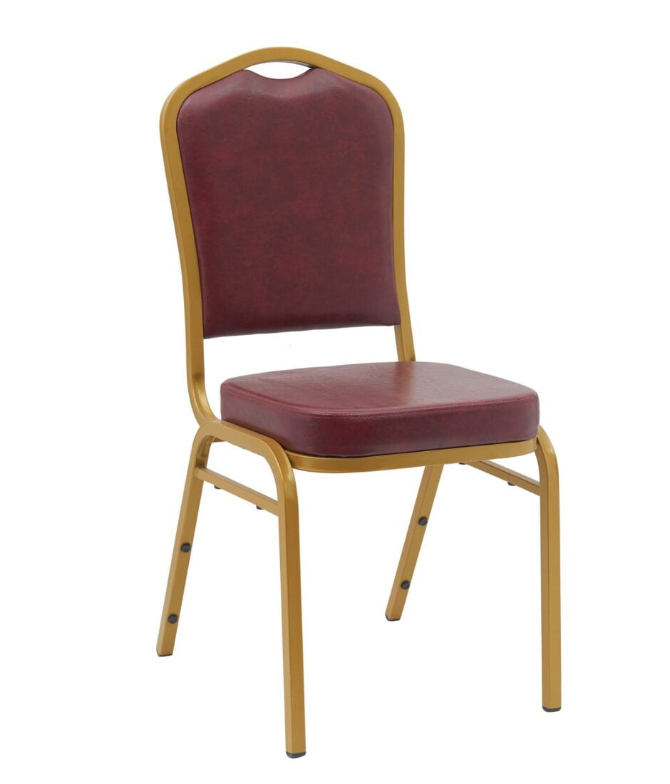 Chivari Burgundy Vinyl Gold Frame Crown Back Banquet Chair CQCVBUG-ZF-T