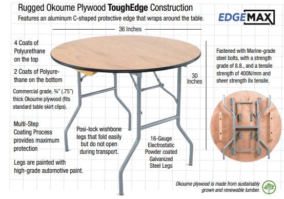 Chivari 36" (3 Foot) Round Heavy Duty Plywood Folding Banquet Table TPLYRD36M-AX-T