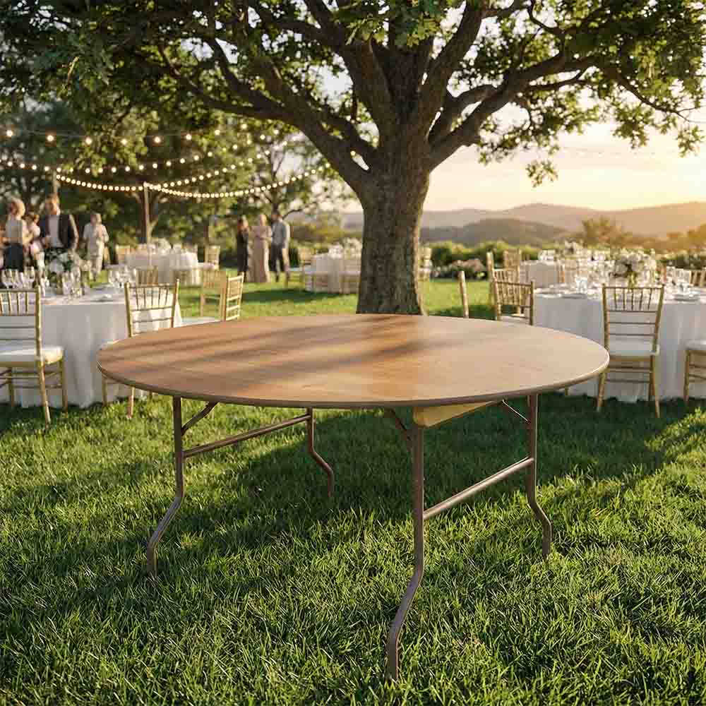 Chivari 60" (5 Foot) Round Heavy Duty Natural Plywood Folding Banquet Table TPLYRD60VG-AX-T