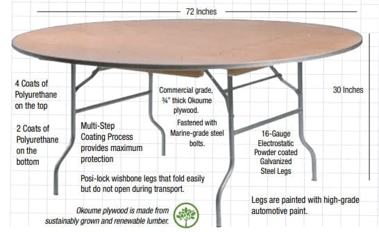 Chivari 72" (6 Foot) Round Heavy Duty Metal Edge Plywood Folding Banquet Table TPLYRD72M-AX-T