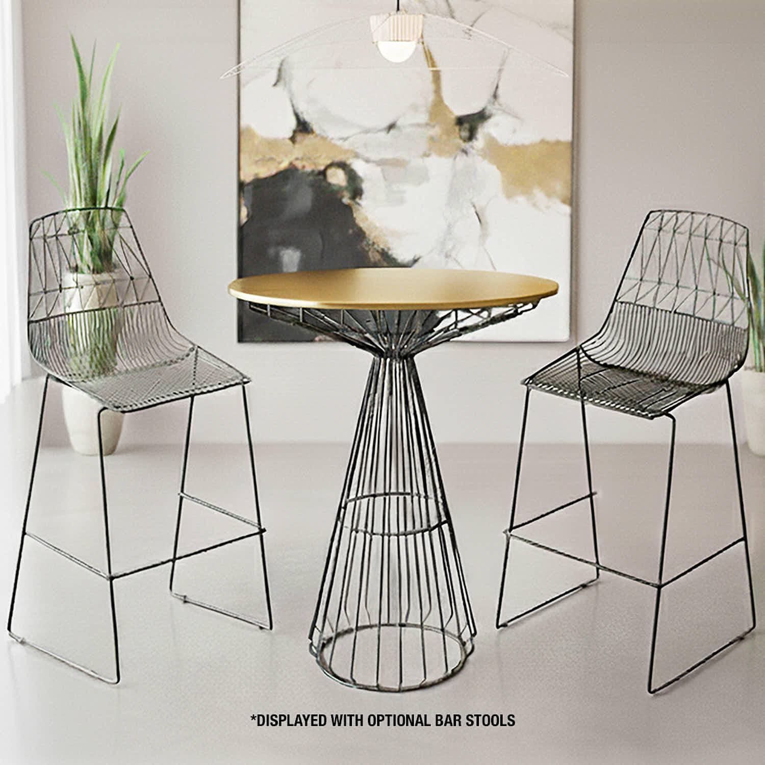 Chivari Black Wire Cocktail Table with 32" Round Gold Top and Sleek Black Steel Base TWR32BLK-GLD-KT