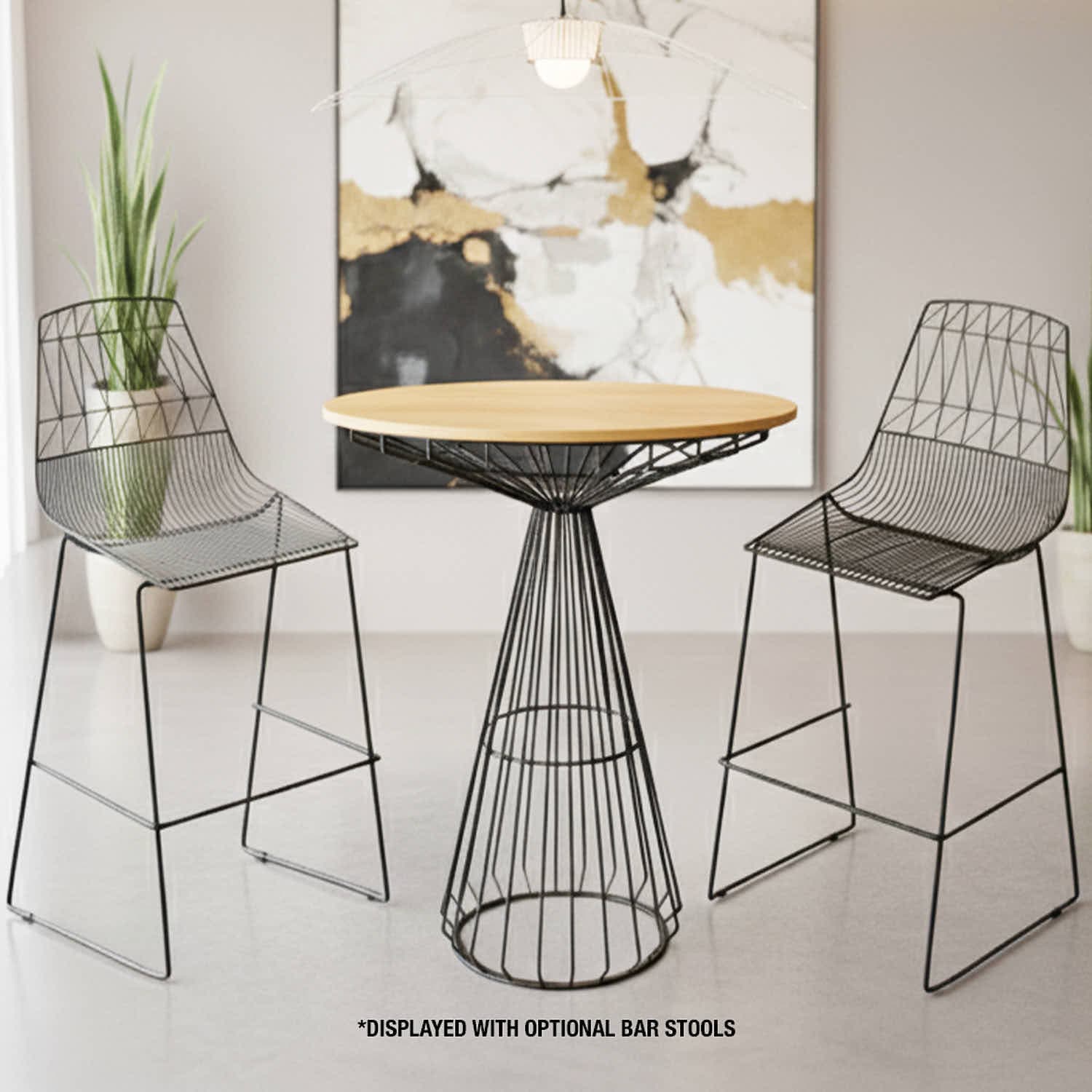 Chivari Black Wire Cocktail Table with 32" Natural Oak Top and Durable Black Steel Base TWR32BLK-WD-KT