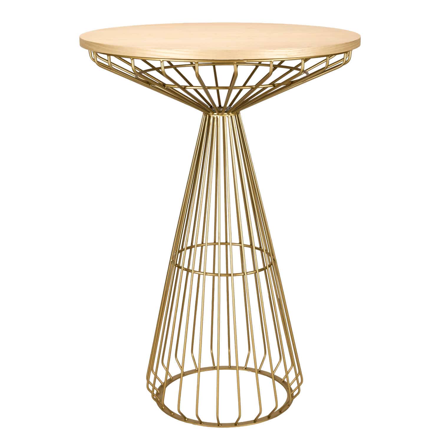 Chivari Gold Wire Cocktail Table with Natural Oak 32" Top and Elegant Gold Steel Base TWR32GLD-WD-KT