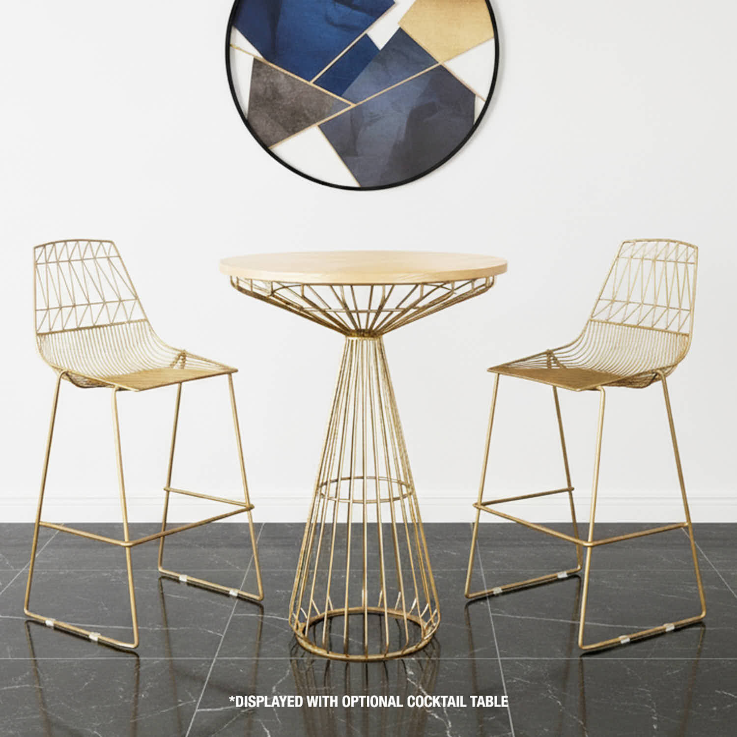 Chivari Gold Wire Cocktail Table with Natural Oak 32" Top and Elegant Gold Steel Base TWR32GLD-WD-KT