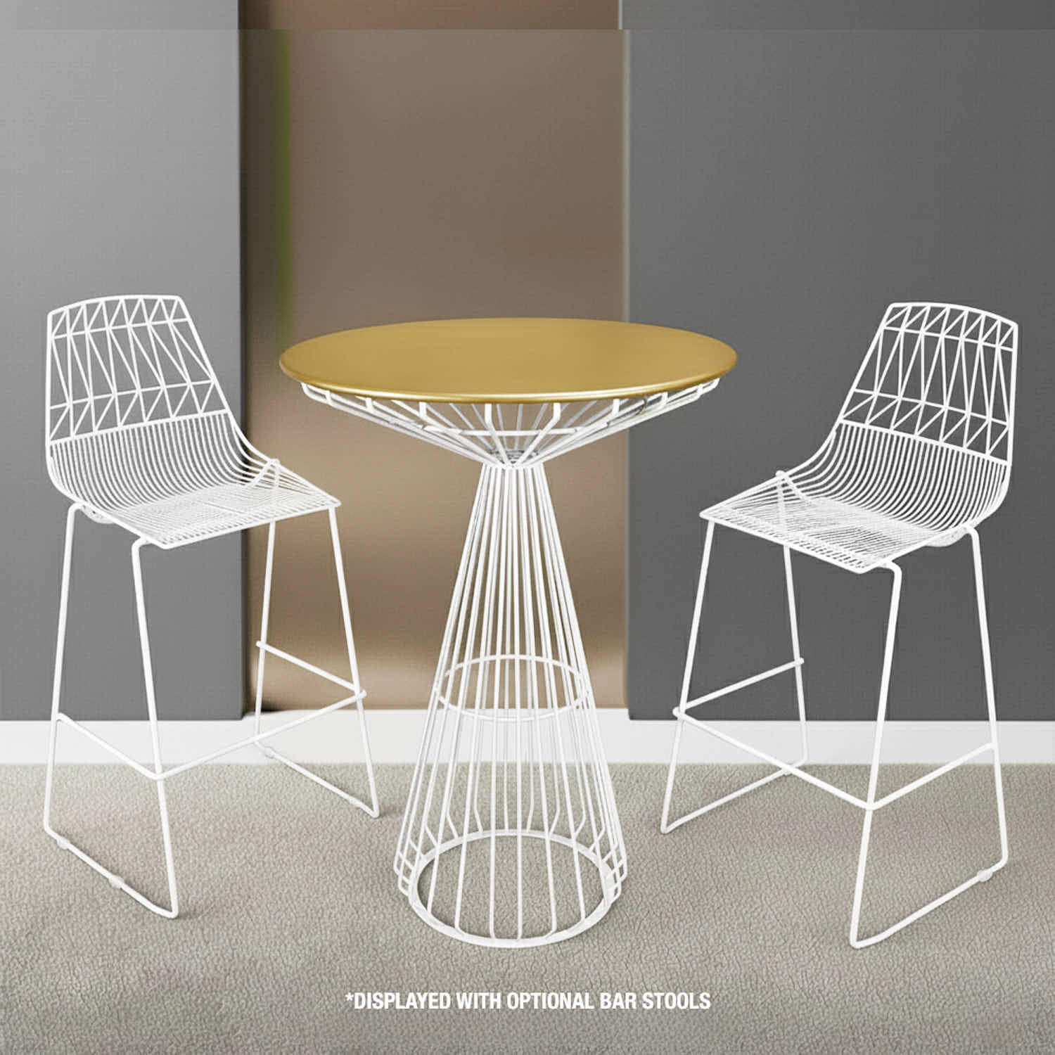 Chivari White Wire Cocktail Table with 32" Round Gold Top and Strong White Steel Base TWR32WHT-GLD-KT