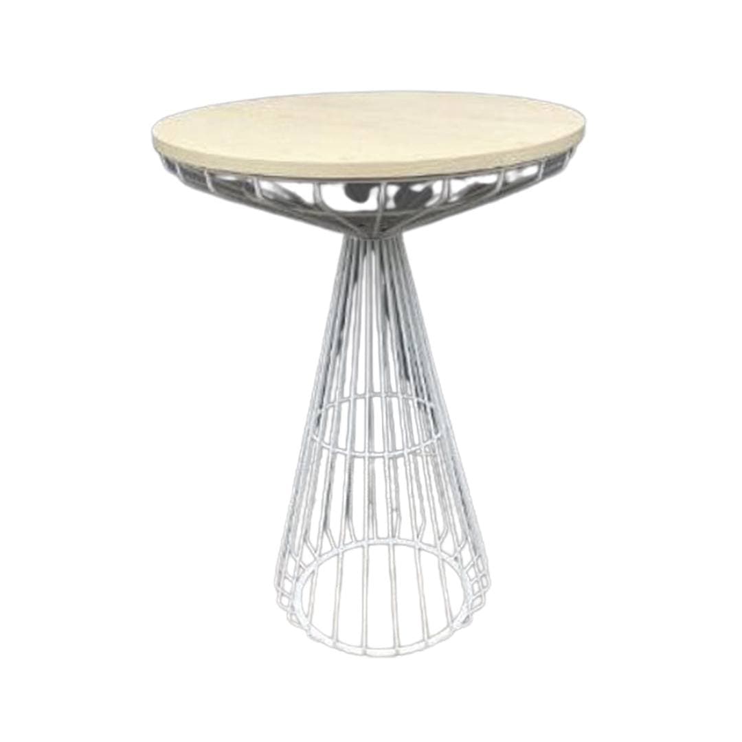 White Wire Cocktail Table with 32" Natural Oak Top and Sturdy White Iron Base