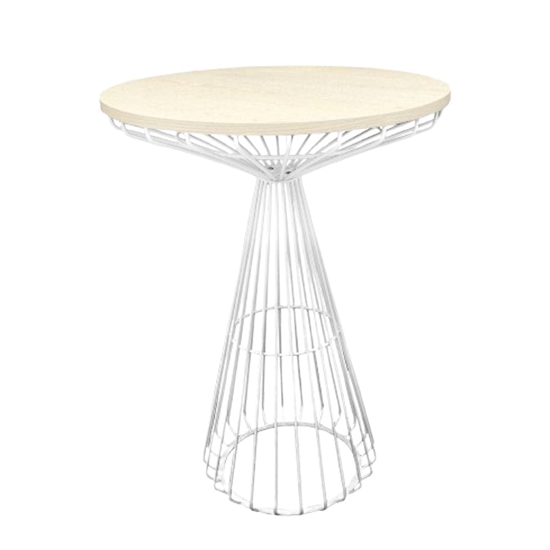 White Wire Cocktail Table with 32" Natural Oak Top and Sturdy White Iron Base
