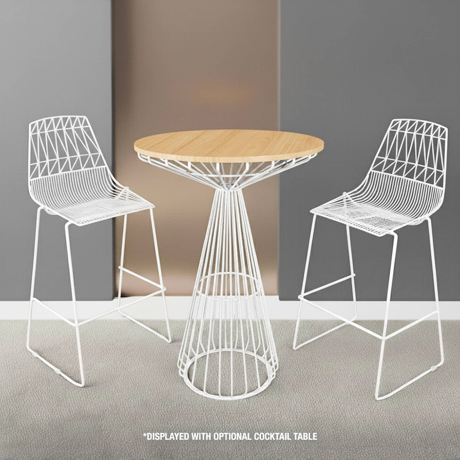 Chivari White Wire Cocktail Table with 32" Natural Oak Top and Sturdy White Steel Base TWR32WHT-WD-KT