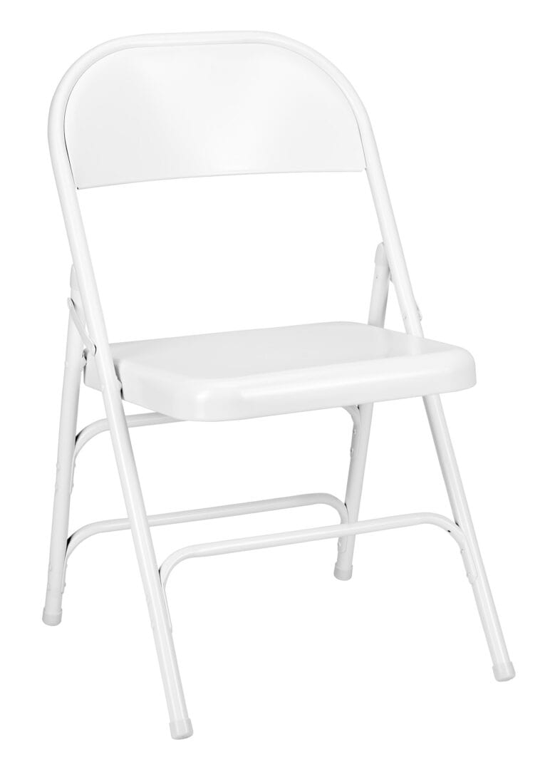 Chivari 48 White Metal Folding Chairs + 6 Heavy Duty Plastic 72x30 Banquet Tables + Hybrid Folding Chair and Banquet Table Cart CFMW-48-6RT-KT
