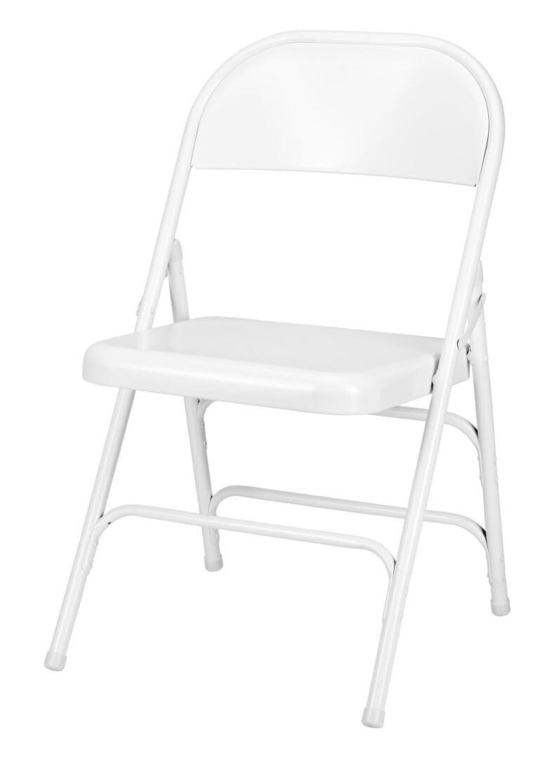 Chivari 48 White Metal Folding Chairs + 6 Heavy Duty Plastic 72x30 Banquet Tables + Hybrid Folding Chair and Banquet Table Cart CFMW-48-6RT-KT