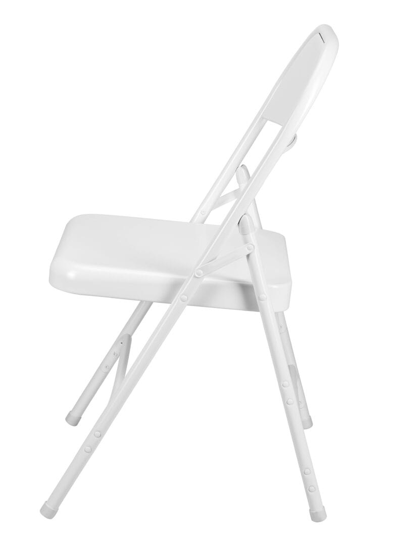 Chivari 48 White Metal Folding Chairs + 6 Heavy Duty Plastic 72x30 Banquet Tables + Hybrid Folding Chair and Banquet Table Cart CFMW-48-6RT-KT