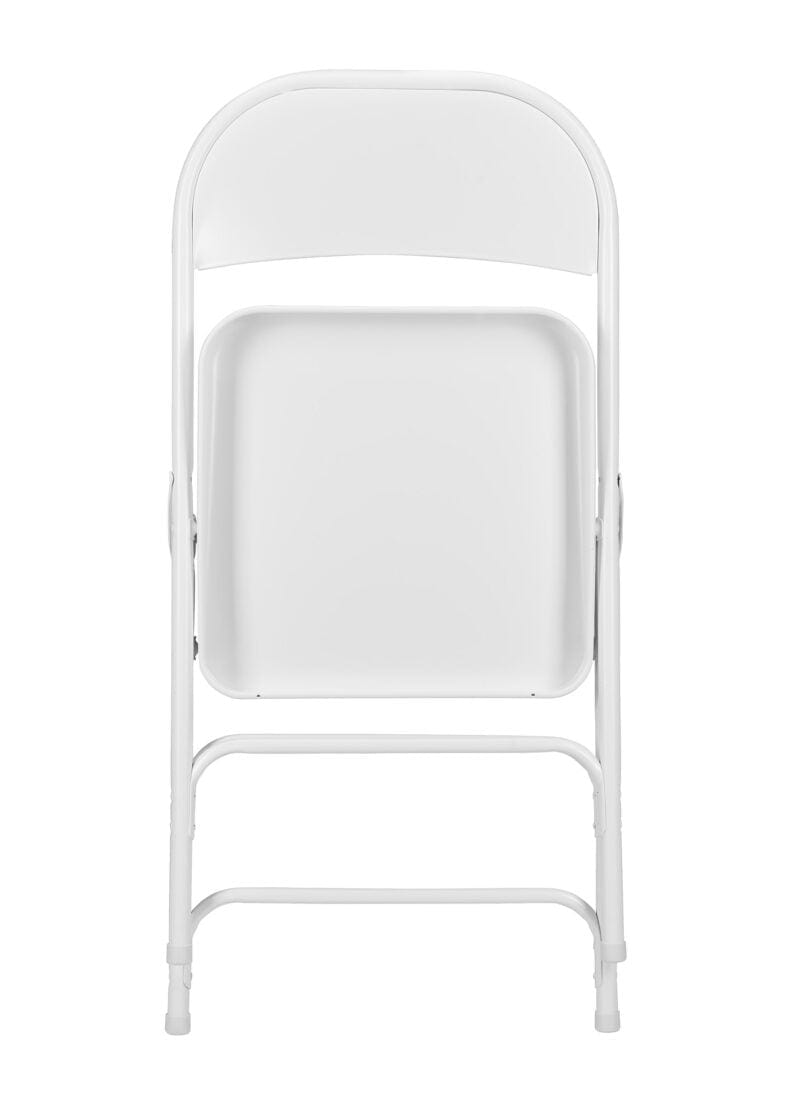 Chivari 48 White Metal Folding Chairs + 6 Heavy Duty Plastic 72x30 Banquet Tables + Hybrid Folding Chair and Banquet Table Cart CFMW-48-6RT-KT